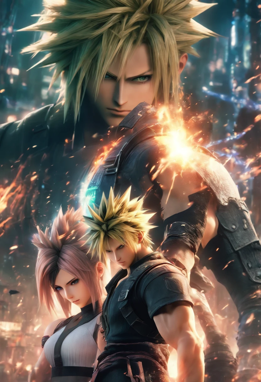 Cloud  Strife und Tifa  Lockheart   Final Fantasy 7 Remake, yuffie fighting monsters, UHD, masterpiece, ccurate, anatomically correct, high quality, high details, super detail, textured skin, best quality, highres, 8k