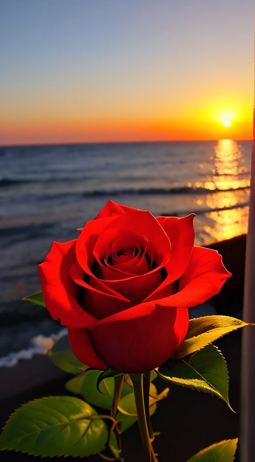 Close-up shot, a rose flower, the background is the gorgeous sunset by the sea, real texture, warm