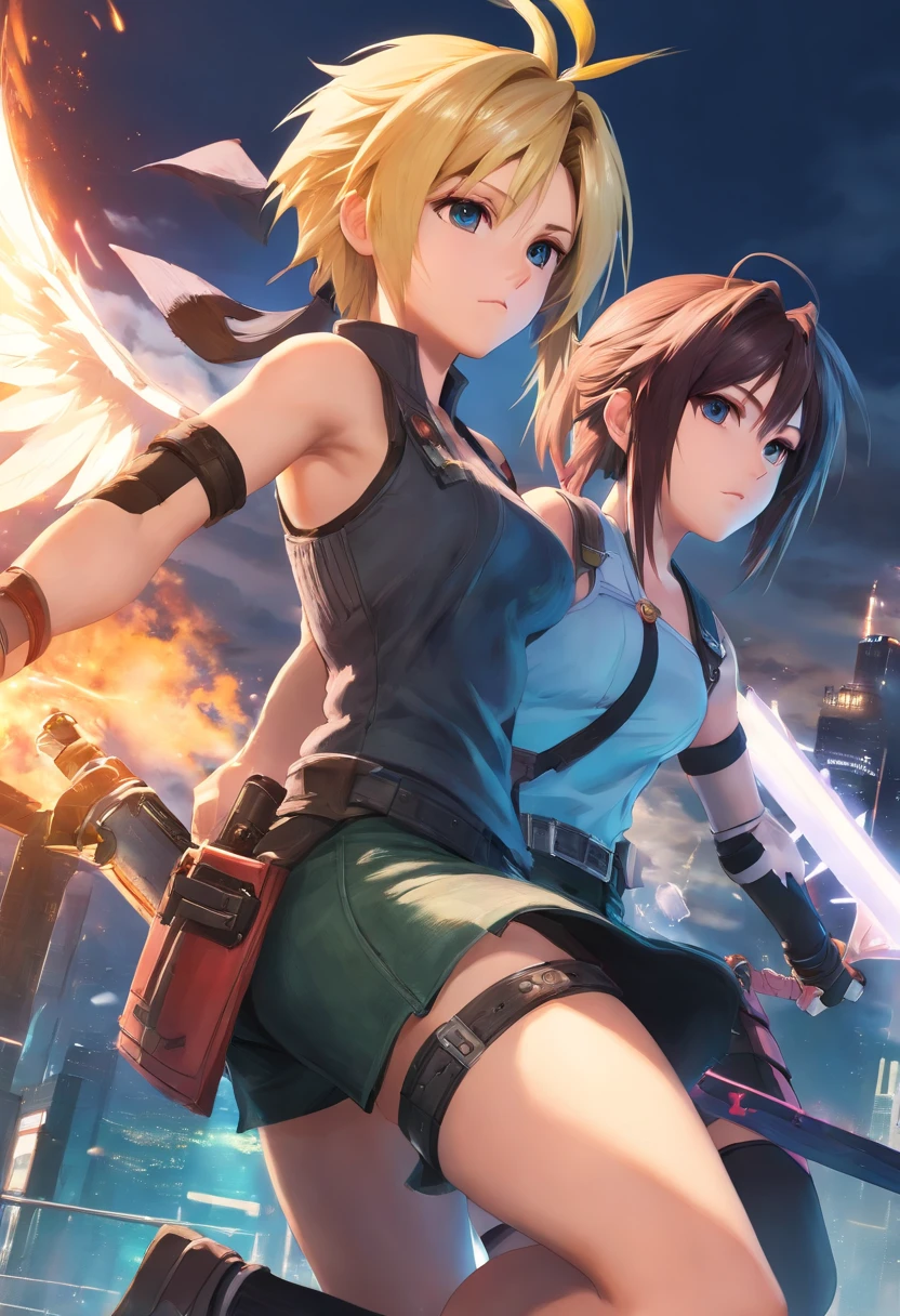 Cloud Strife und Tifa Lockheart Final Fantasy 7 Remake, yuffie fighting monsters, UHD, masterpiece, ccurate, anatomically correct, high quality, high details, super detail, textured skin, best quality, highres, 8k
