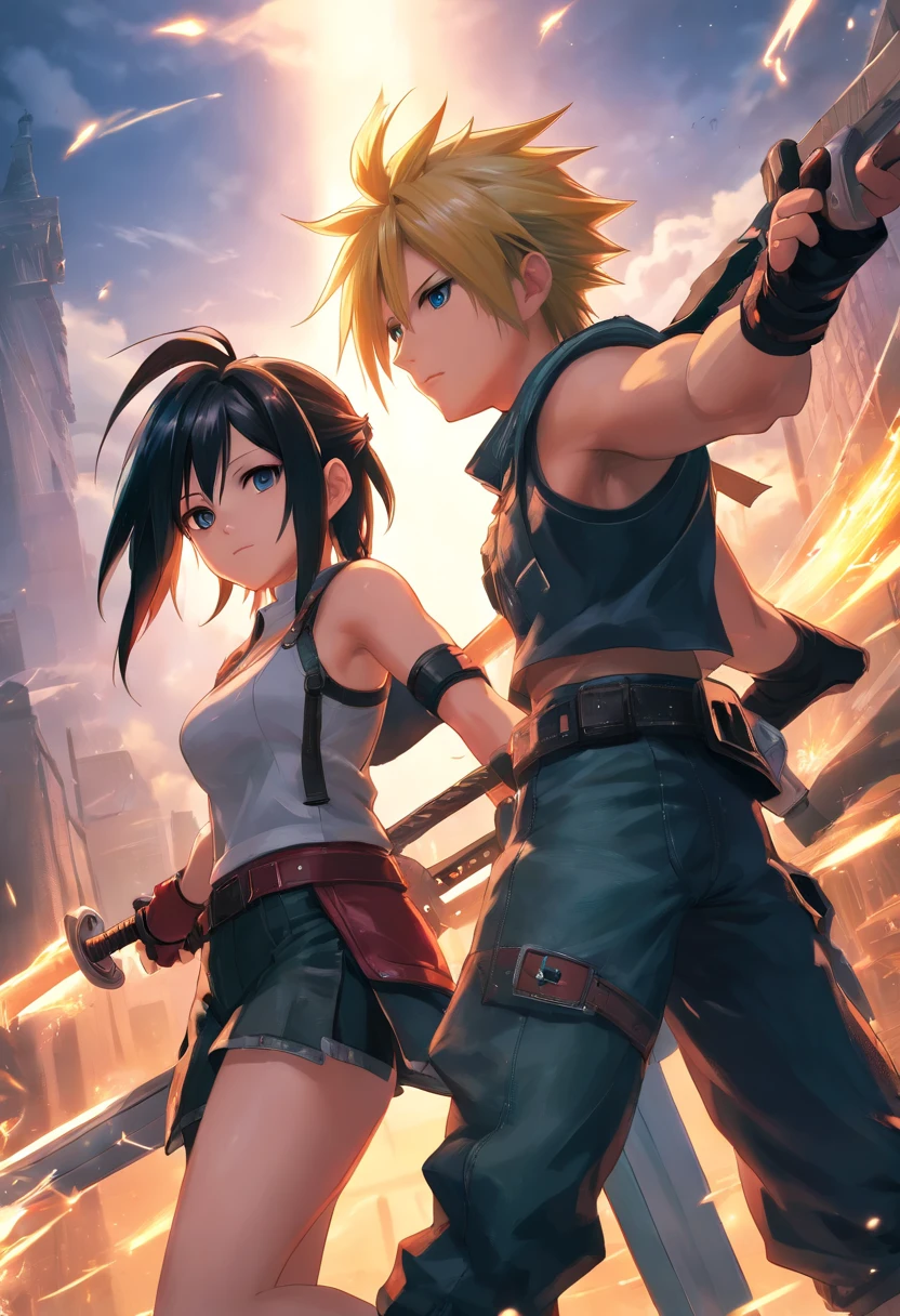 Cloud Strife und Tifa Lockheart Final Fantasy 7 Remake, yuffie fighting monsters, UHD, masterpiece, ccurate, anatomically correct, high quality, high details, super detail, textured skin, best quality, highres, 8k