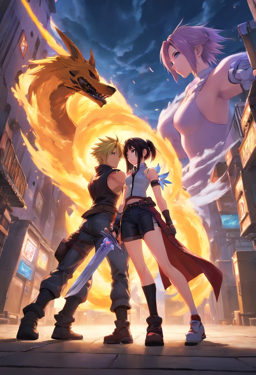 Cloud  Strife und Tifa  Lockheart   Final Fantasy 7 Remake, yuffie fighting monsters, UHD, masterpiece, ccurate, anatomically correct, high quality, high details, super detail, textured skin, best quality, highres, 8k