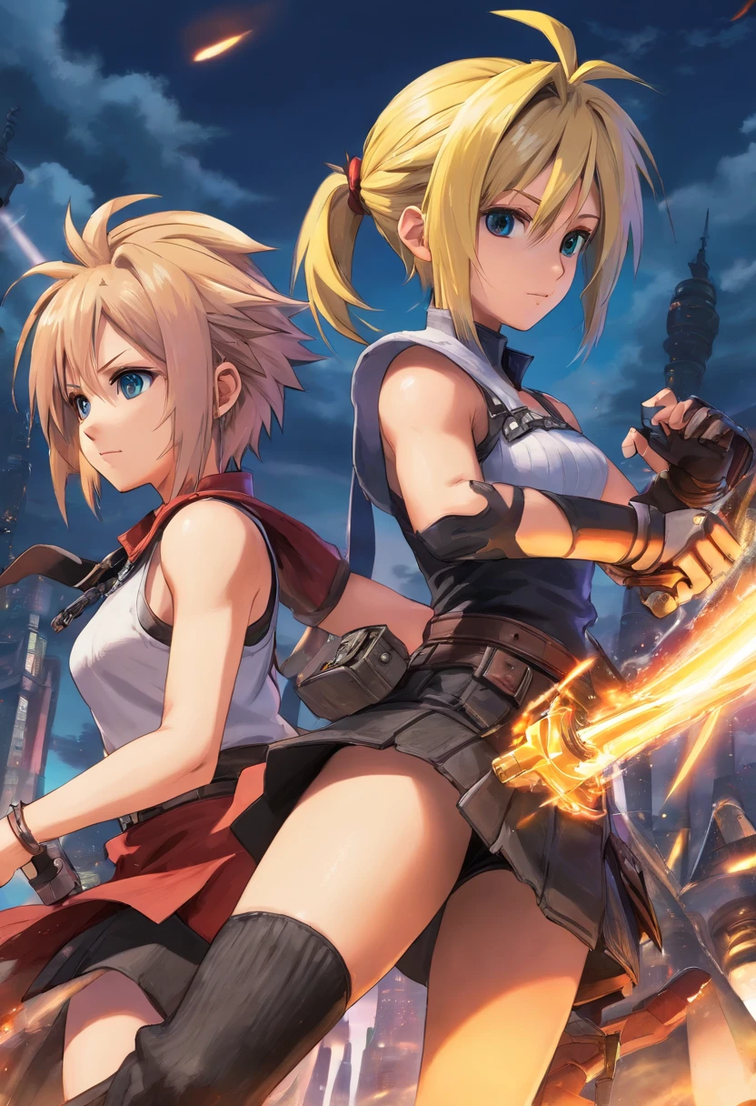 Cloud  Strife und Tifa  Lockheart   Final Fantasy 7 Remake, yuffie fighting monsters, UHD, masterpiece, ccurate, anatomically correct, high quality, high details, super detail, textured skin, best quality, highres, 8k