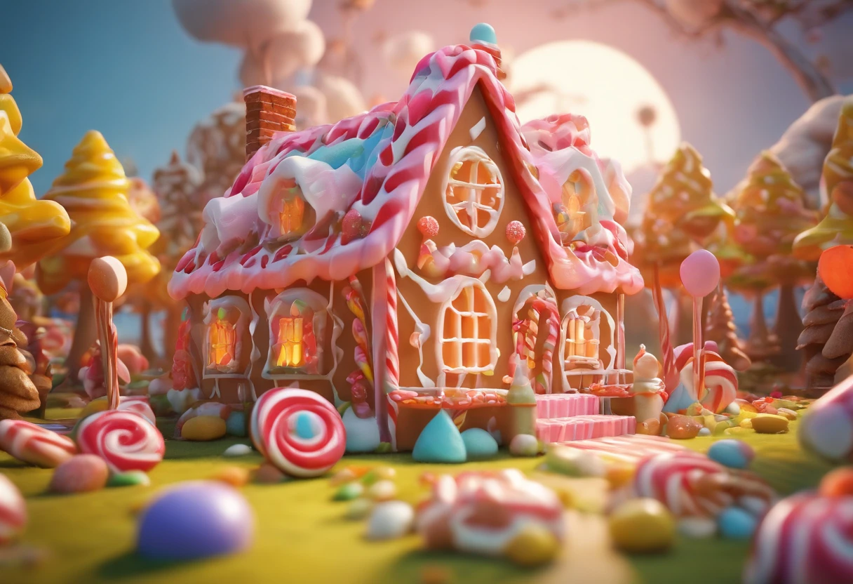 candy house in middle of the forest, gingerbread, sweet house, candy world, marshmallow , generative by AI