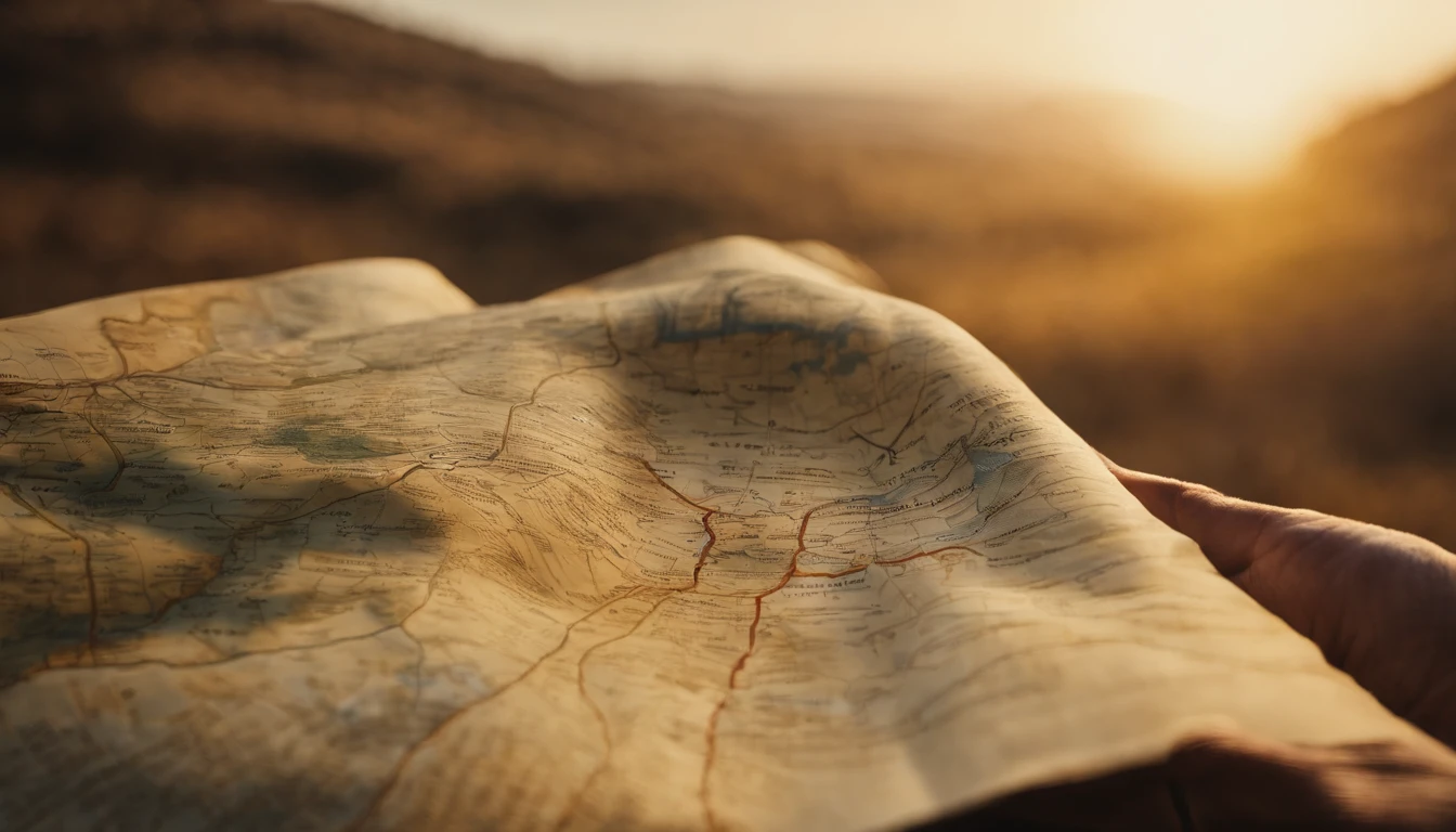 A worn-out treasure map lying against a backdrop of diverse landscapes, symbolizing the journey of self-discovery and life's true treasures.