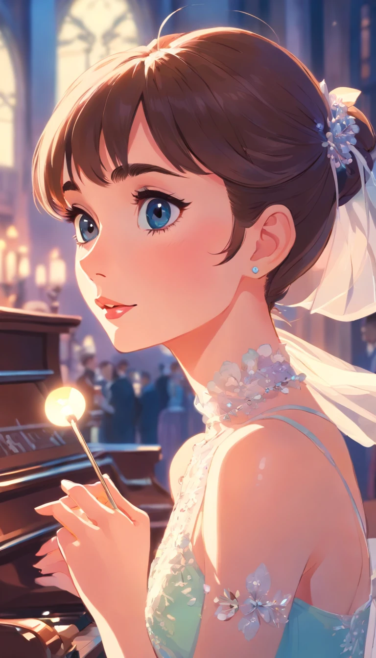 Audrey Hepburn in My Fair Lady,
BREAK,
Close-up of Eliza's face, Eliza's singing scene, Eliza's dress scene
BREAK,
Represent Eliza in bright colors, Represent Eliza's dress in colorful colors, Represent Eliza's singing voice in warm colors