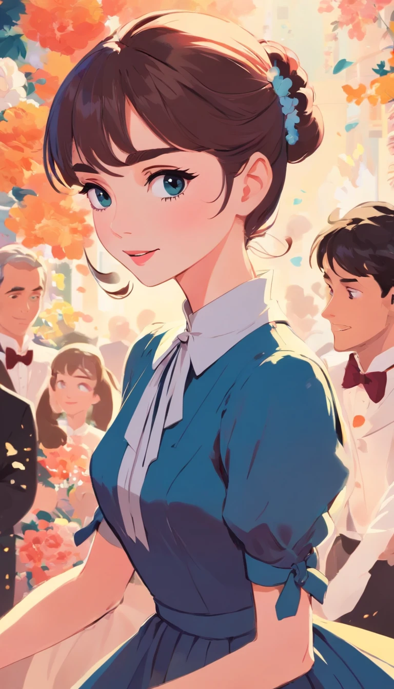Audrey Hepburn in My Fair Lady,
BREAK,
Close-up of Eliza's face, Eliza's singing scene, Eliza's dress scene
BREAK,
Represent Eliza in bright colors, Represent Eliza's dress in colorful colors, Represent Eliza's singing voice in warm colors