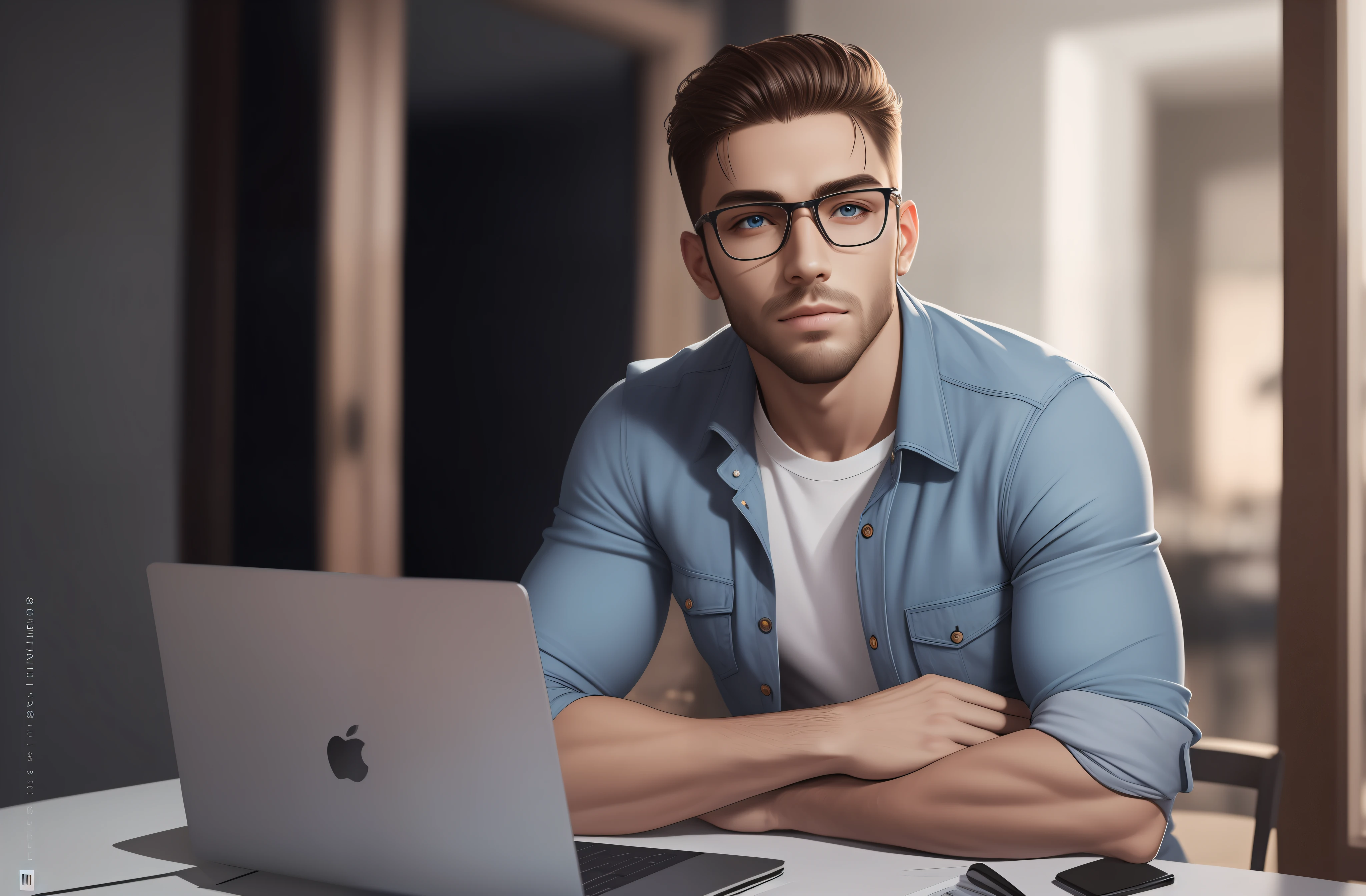 Good bright coloured background , highly detailed face , handsome face , well groomed man , well dressed , bright colour , detailed eyes , a window in the background, ultra realistic, 8k