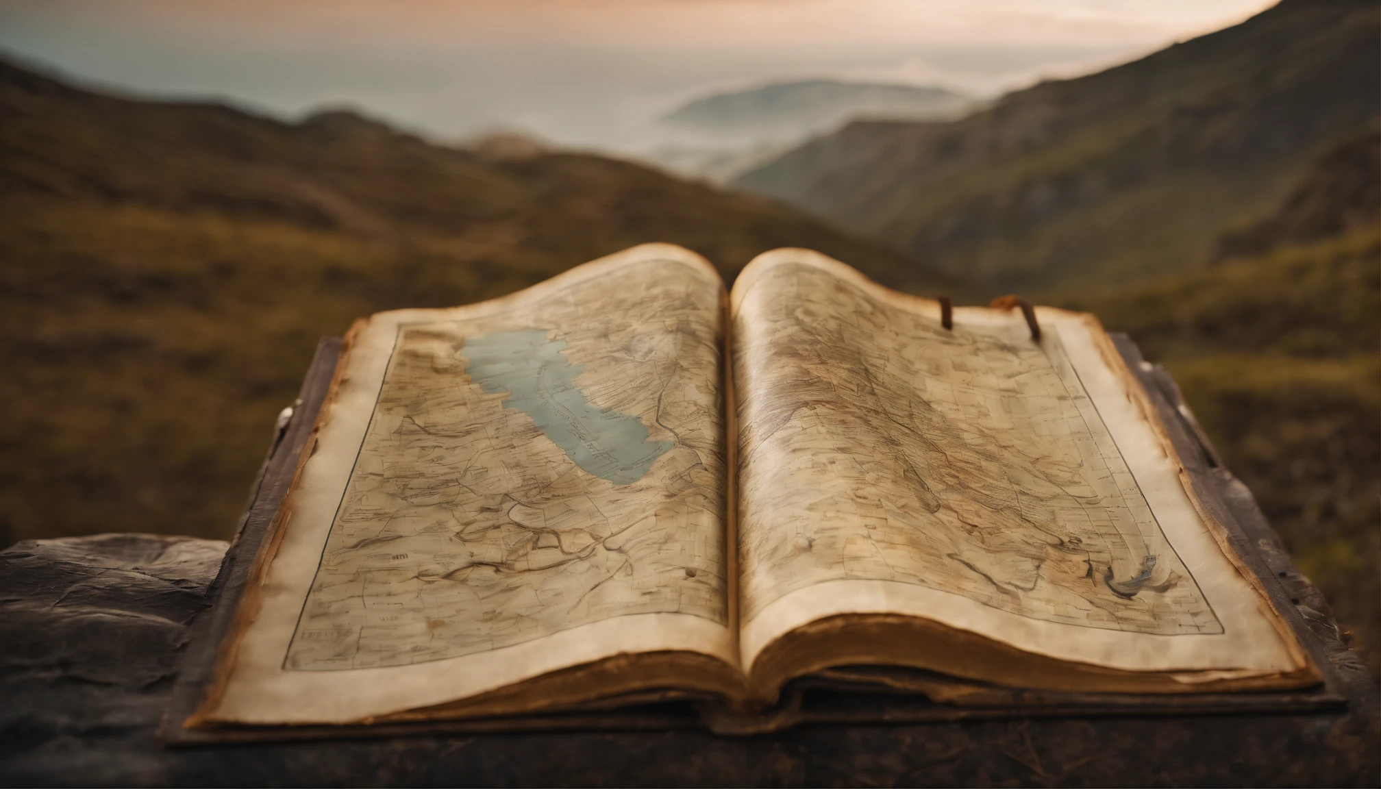A worn-out treasure map lying against a backdrop of diverse landscapes, symbolizing the journey of self-discovery and life's true treasures.