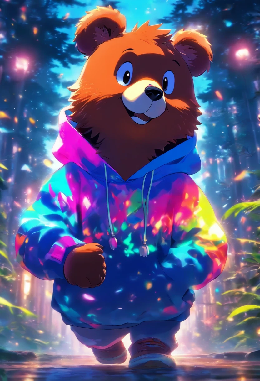 A cute little bear，Wear a trendy sweatshirt，With a hat on，ssmile，Cute action，foreshortening,  Depth of field, Masterpiece, Best quality,ln the forest，Illuminated by soft, Dreamy volumetric lighting. hyper realisitc. perfectquality, Clear focus