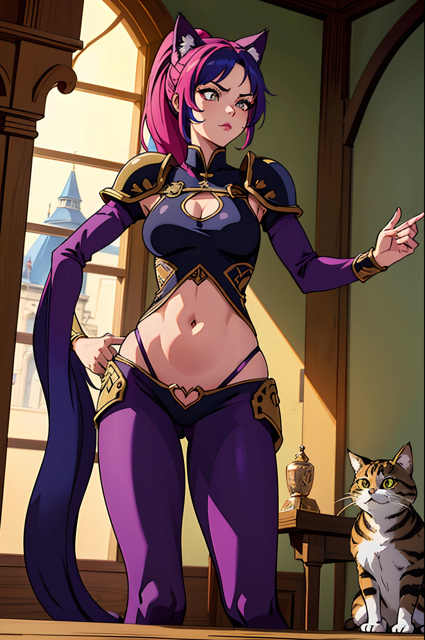 Furry cat girl with a ponytail, (cat-like tail), seductively exploring a medieval fantasy castle, revealing a highly detailed face and captivating eyes, dressed in provocative micro armor, visible navel, surrounded by vibrant and colorful scenery, rendered in stunning 4k quality.