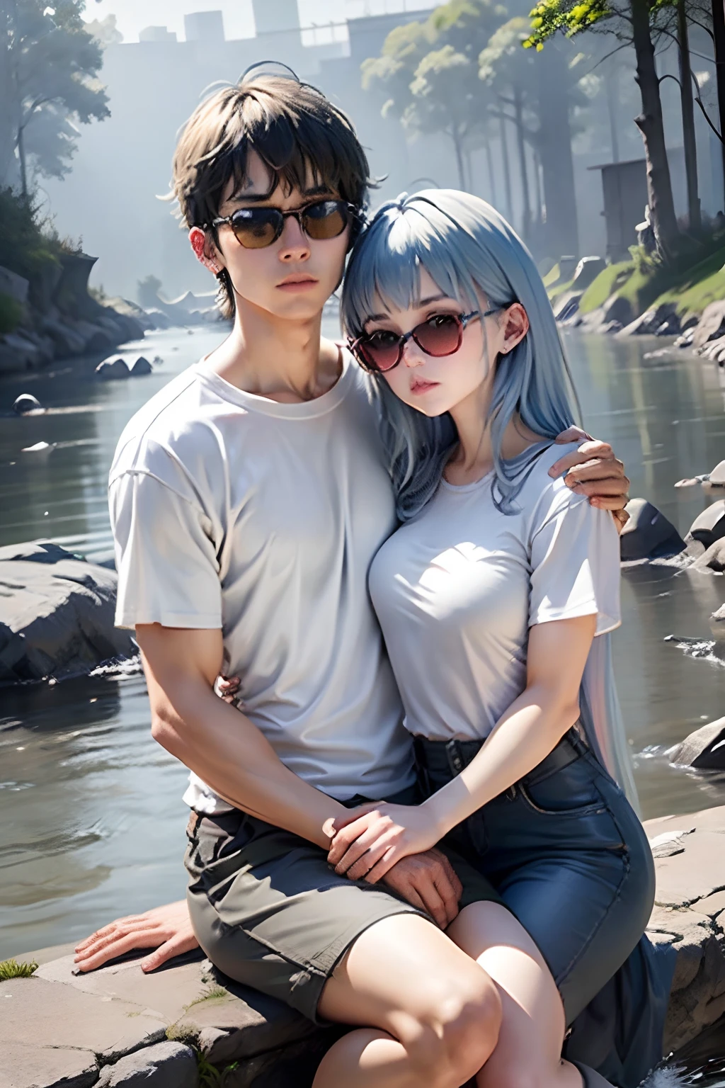 2 young people,squatted by the river,Put your hands on each other's shoulders,There is grass and stones by the river,The man on the left is wearing a white shirt,Wearing sunglasses,The man on the right wears a gray and yellow horizontal striped T-shirt,wears glasses