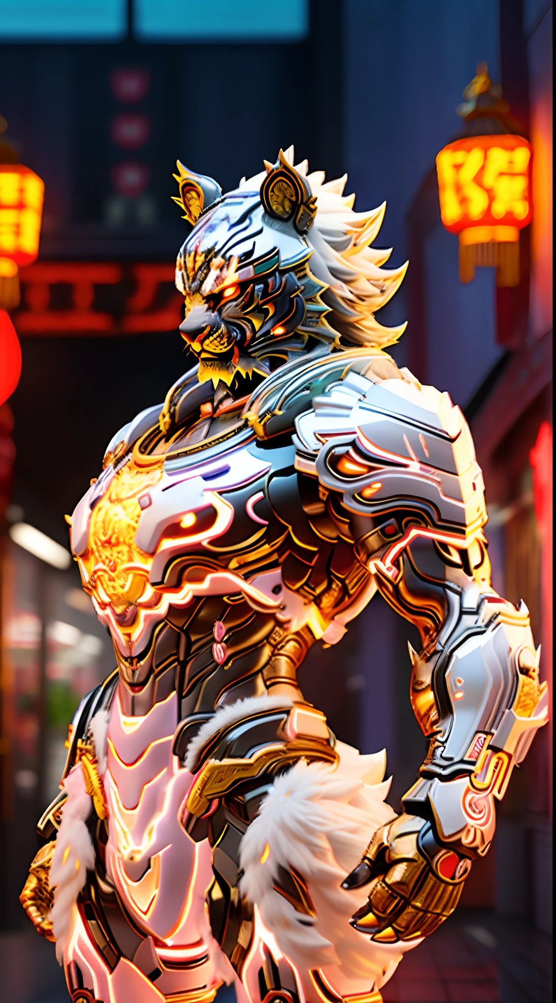 CHINESE TIGER, TIGER HEAD, CRYSTAL ARMOR, TRANSPARANT, MUSCLE CURVY BODY.