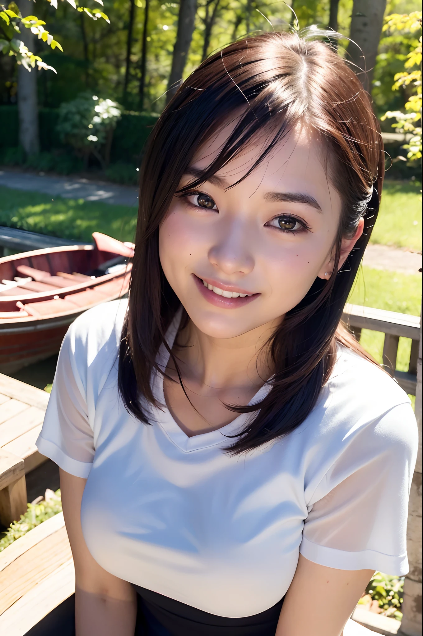 (Best quality, 8k, 32k, Masterpiece, UHD:1.2),Photo of Pretty Japanese woman,black short hair,beauty face,(leaning forward:1.3),squatting,(from above:1.2),(close up:1.4),pov,,looking at another,smile, loose t-shirt,large breasts,beautiful nipple slip,outdoors,windy,shiny skin,blurry background