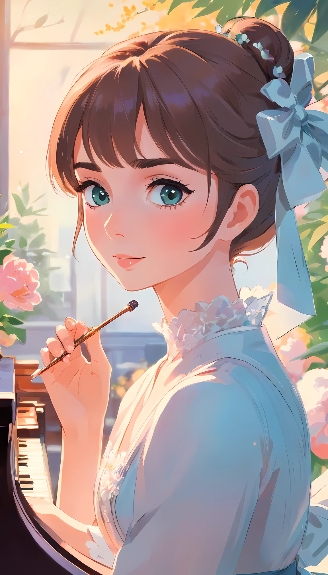 Audrey Hepburn in My Fair Lady,
BREAK,
Close-up of Eliza's face, Eliza's singing scene, Eliza's dress scene
BREAK,
Represent Eliza in bright colors, Represent Eliza's dress in colorful colors, Represent Eliza's singing voice in warm colors