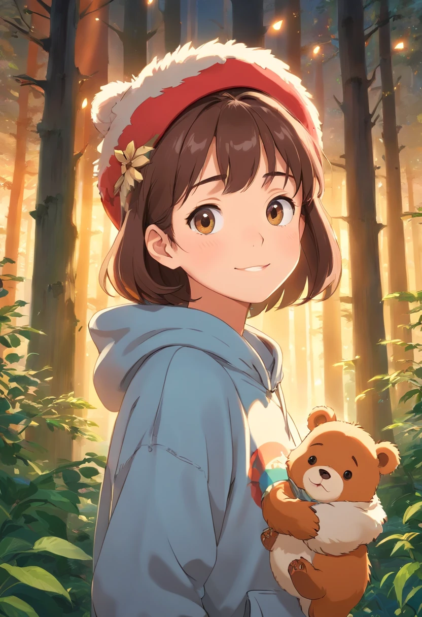 A cute little bear,Generate ultra-high-definition images of chic bears,Expressive eyes,Wear a trendy sweatshirt,With a hat on,ssmile,Cute action,foreshortening, Depth of field, Masterpiece, Best quality,ln the forest,Illuminated by soft, Dreamy volumetric lighting. hyper realisitc. perfectquality, Clear focus