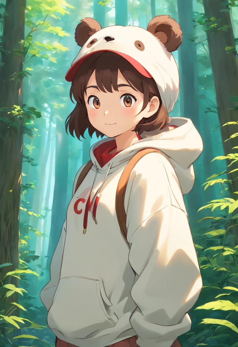 A cute little bear,Generate ultra-high-definition images of chic bears,Expressive eyes,Wear a trendy sweatshirt,With a hat on,ssmile,Cute action,foreshortening, Depth of field, Masterpiece, Best quality,ln the forest,Illuminated by soft, Dreamy volumetric lighting. hyper realisitc. perfectquality, Clear focus