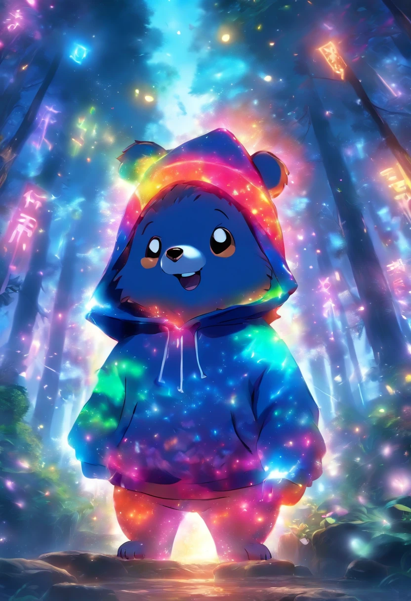 A cute little bear，Wear a stylish sweatshirt，With a hat on，ssmile，Cute action，foreshortening,  Depth of field, Masterpiece, Best quality,ln the forest，Illuminated by soft, Dreamy volumetric lighting. hyper realisitc. perfectquality, Clear focus