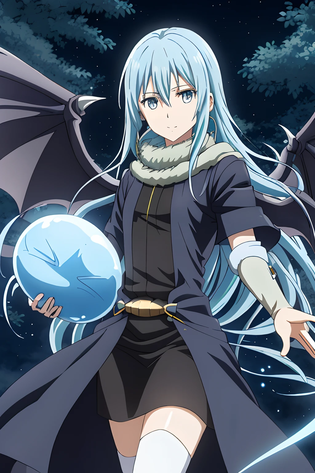 (best qualtiy, Realistic:1.37), Detailed and vibrant art style, neutral tones, Focusing on the anime character Rimuru "That time、I was reincarnated as a slime". The scene introduces Rimuru in a calm and quiet atmosphere, Represents his calm and calm nature. Rimuru is depicted with beautiful blue eyes and straight blue hair, Carefully detailed to highlight all strands. The characters are drawn with a neutral facial expression, Exudes a sense of power and wisdom. Rimuru is seen wearing a long, flowing white robes, Further highlight their ethereal presence. In the background, Rimuru has black wings on his back, Symbolizes the transformation into a powerful demon lord. Additionally, Around Rimuru are large bat wings, Add elements of mystery and intrigue. The artwork is、Captures the essence of Rimuru's characters and their journey throughout the series. The lighting in the scene is soft and diffused, Emitting a gentle light to Rimuru、Create a peaceful atmosphere. The overall color palette is dominated by cool tones, different shades of blue and white, etc., Evokes a quiet, otherworldly atmosphere. This masterpiece artwork is、Shows intricate detail and artistry, Reflect the skills and talents of artists.
