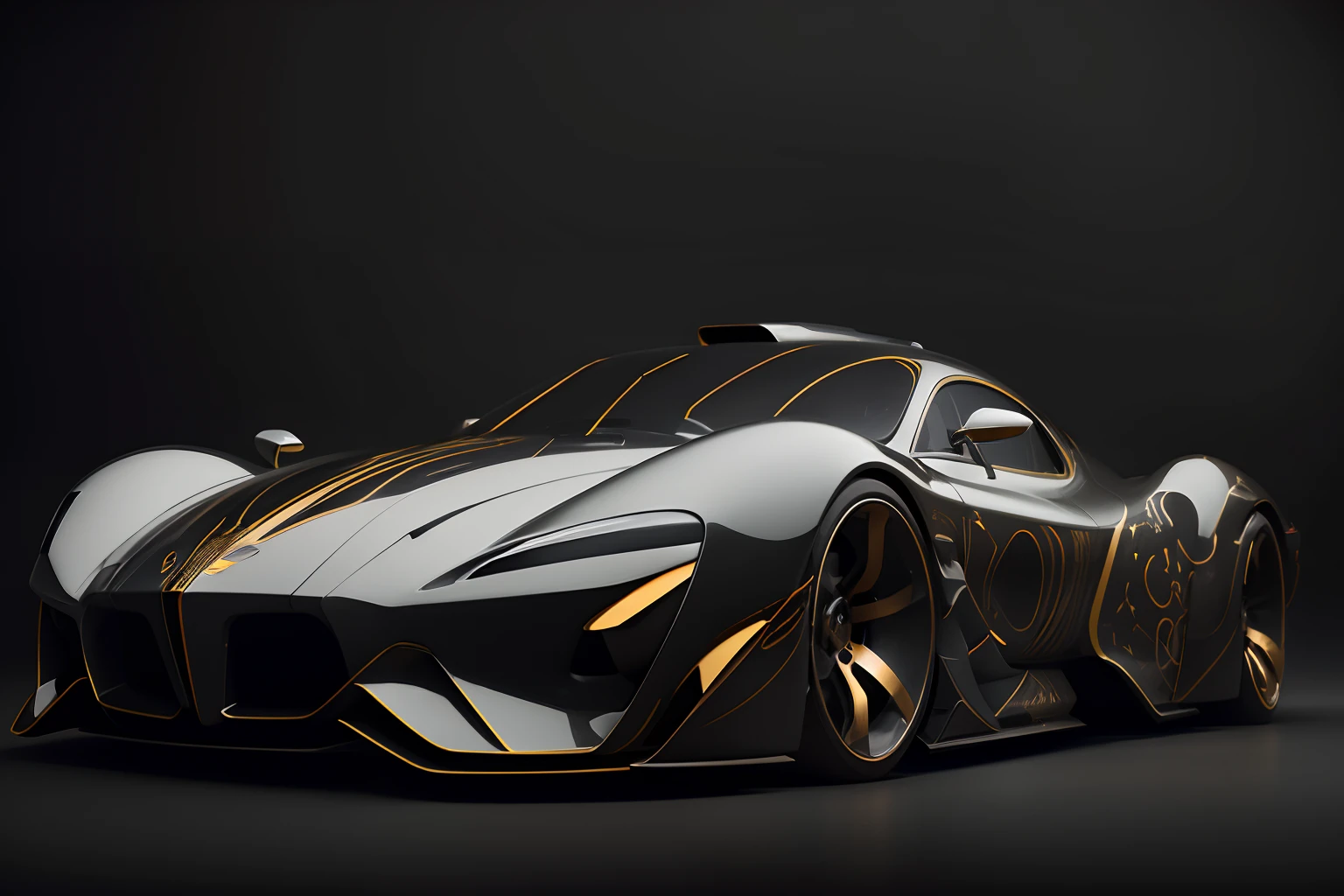 1940's wild concept car ideas, Photo realistic future supercar design by Leonardo DaVinci, Masterpiece, low styling with starry headlights in black and gold patterns with lilies, side view portrait, 16k resolution concept art portrait by Leonardo DaVinci, intricate details, highly detailed;, dynamic lighting hyperdetailed intricately detailed, filagree, DaVinci knots, Splash art trending on Artstation triadic colors Unreal Engine 5 volumetric lighting, whole car intertwined body panels, overlay, inspiring to car designers, car photography, evening light, wild concept ideas.