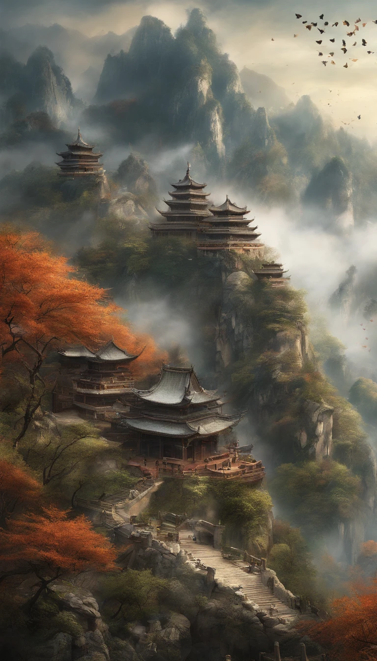 Hengshan Mountain is shrouded in dense mist, which is definitely a dreamy scene in a fairyland. Butterflies are dancing in the air, and their light wings twinkle in the mist. The mist is swirling around the peaks, revealing the beautiful scenery of deep autumn tones. This picture is like a finely-detailed ink painting that no one wants to miss. --ar 9:16