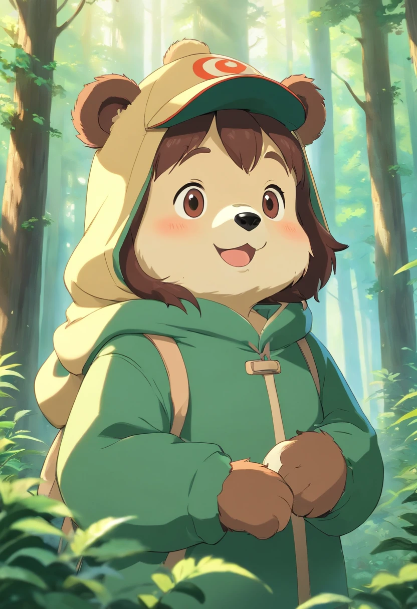 Generate ultra-high-definition images of chic bears,Highlight the intricate details of bear fur,and expressive eyes.A cute little bear，Wear a trendy sweatshirt，With a hat on，ssmile，Cute action，foreshortening, Depth of field, Masterpiece, Best quality,ln the forest，Illuminated by soft, Dreamy volumetric lighting. hyper realisitc. perfectquality, Clear focus