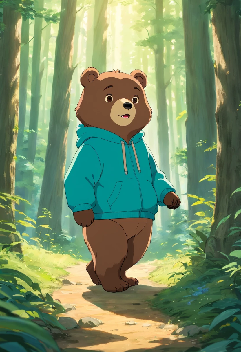 Generate ultra-high-definition images of chic bears,Highlight the intricate details of bear fur,and expressive eyes.A cute little bear，Wear a trendy sweatshirt，With a hat on，ssmile，Cute action，foreshortening, Depth of field, Masterpiece, Best quality,ln the forest，Illuminated by soft, Dreamy volumetric lighting. hyper realisitc. perfectquality, Clear focus