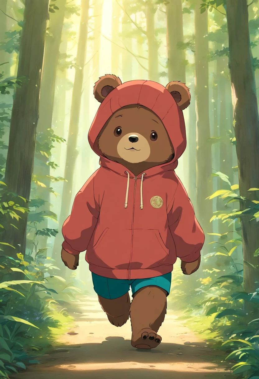 Generate ultra-high-definition images of chic bears,Highlight the intricate details of bear fur,and expressive eyes.A cute little bear,Wear a trendy sweatshirt,With a hat on,ssmile,Cute action,foreshortening, Depth of field, Masterpiece, Best quality,ln the forest,Illuminated by soft, Dreamy volumetric lighting. hyper realisitc. perfectquality, Clear focus