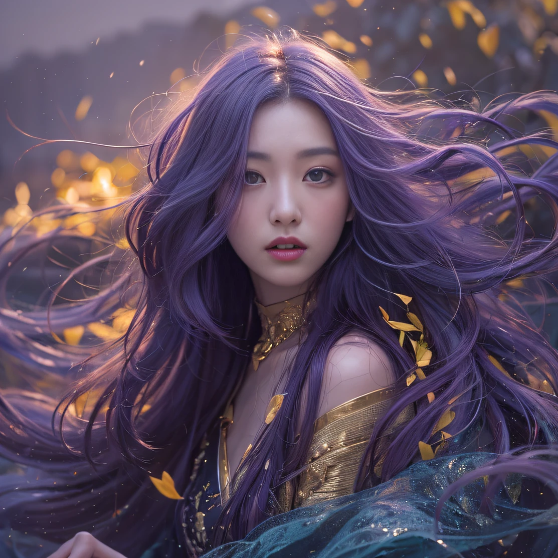 Genki Girl 32K(tmasterpiece,k hd,hyper HD,32K)Long flowing bright purple hair,Autumn Pond,zydink, a color, Asian people (Genki girl), (Silk scarf), Combat posture, looking at the ground, long whitr hair, Floating bright purple, Fire cloud pattern gold tiara, Chinese long-sleeved gold silk garment, (Abstract metaverse splash:1.2), white backgrounid,Lotus vitality protector(realisticlying:1.4),Bright purple hair,Smoke on the road,The background is pure, A high resolution, the detail, RAW photogr, Sharp Re, Nikon D850 Film Stock Photo by Jefferies Lee 4 Kodak Portra 400 Camera F1.6 shots, Rich colors, ultra-realistic vivid textures, Dramatic lighting, Unreal Engine Art Station Trend, cinestir 800,A girl with long flowing bright purple hair