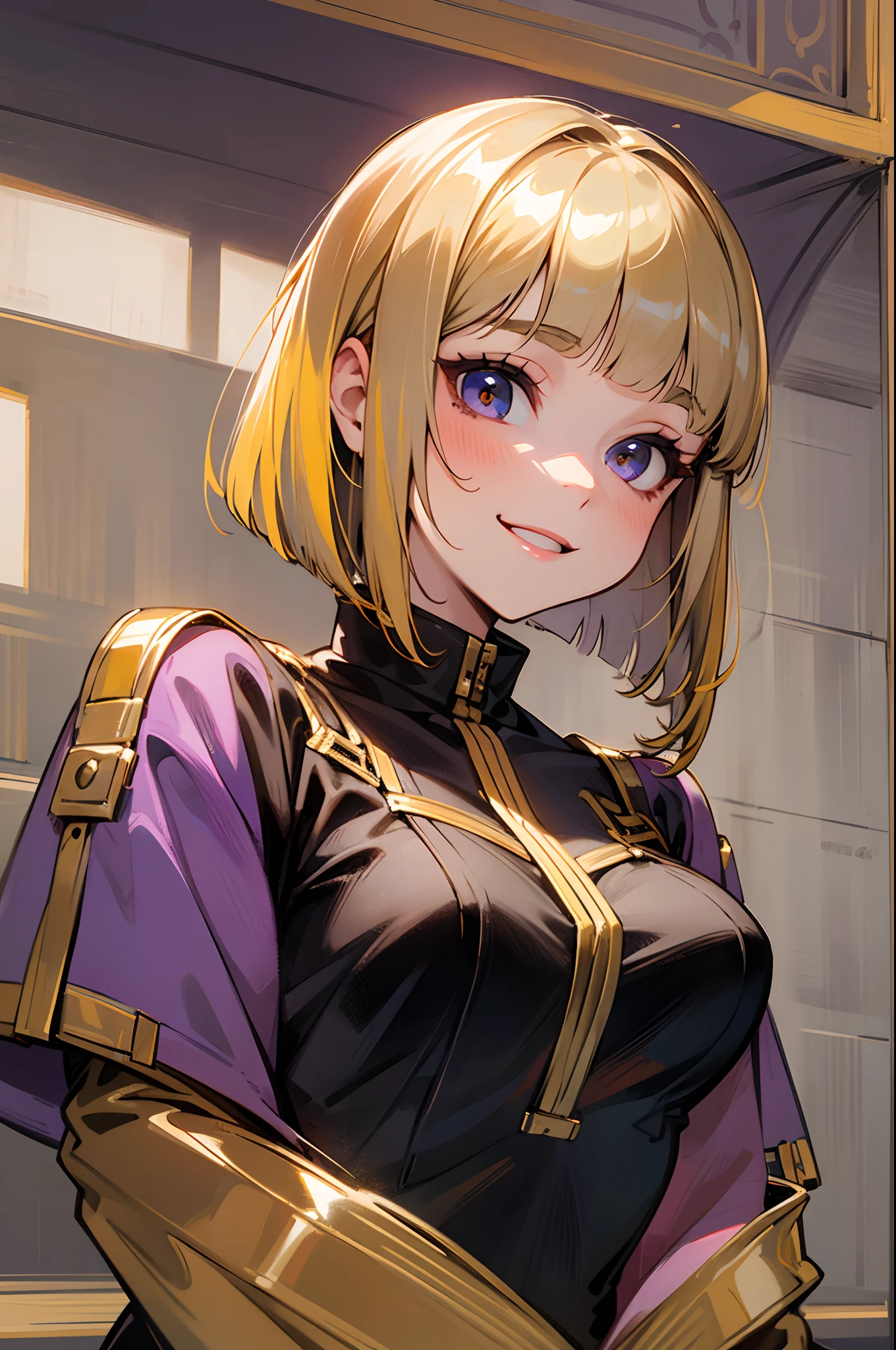 Young Woman (20yr old), Gold Hair, Blunt bangs, bob cuts, Straight hair, Stunning detailed eyes (Purple), Red and black themed clothing, Smiling