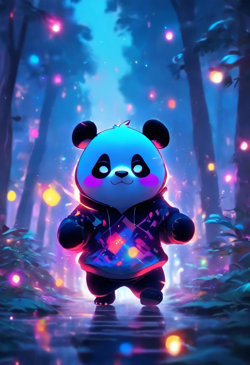 A cute panda,Wear a stylish sweatshirt,With a hat on,ssmile,Cute action,foreshortening, Depth of field, Masterpiece, Best quality,ln the forest,Illuminated by soft, Dreamy volumetric lighting. hyper realisitc. perfectquality, Clear focus
