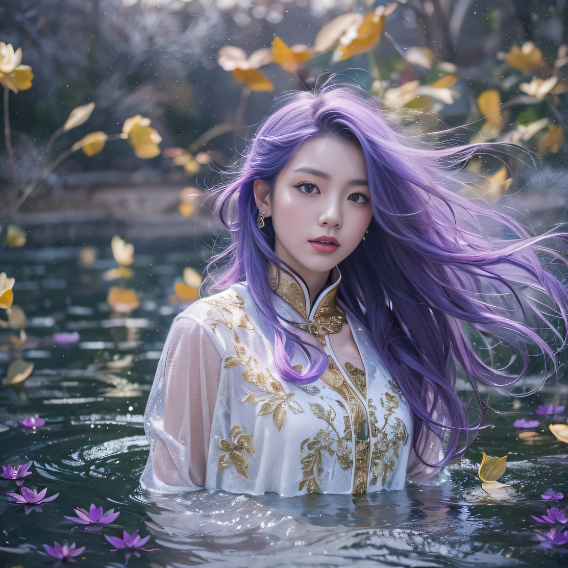Genki Girl 32K(tmasterpiece,k hd,hyper HD,32K)Long flowing bright purple hair,Autumn Pond,zydink, a color, Asian people (Genki girl), (Silk scarf), Combat posture, looking at the ground, long whitr hair, Floating bright purple, Fire cloud pattern gold tiara, Chinese long-sleeved gold silk garment, (Abstract metaverse splash:1.2), white backgrounid,Lotus vitality protector(realisticlying:1.4),Bright purple hair,Smoke on the road,The background is pure, A high resolution, the detail, RAW photogr, Sharp Re, Nikon D850 Film Stock Photo by Jefferies Lee 4 Kodak Portra 400 Camera F1.6 shots, Rich colors, ultra-realistic vivid textures, Dramatic lighting, Unreal Engine Art Station Trend, cinestir 800,A girl with long flowing bright purple hair