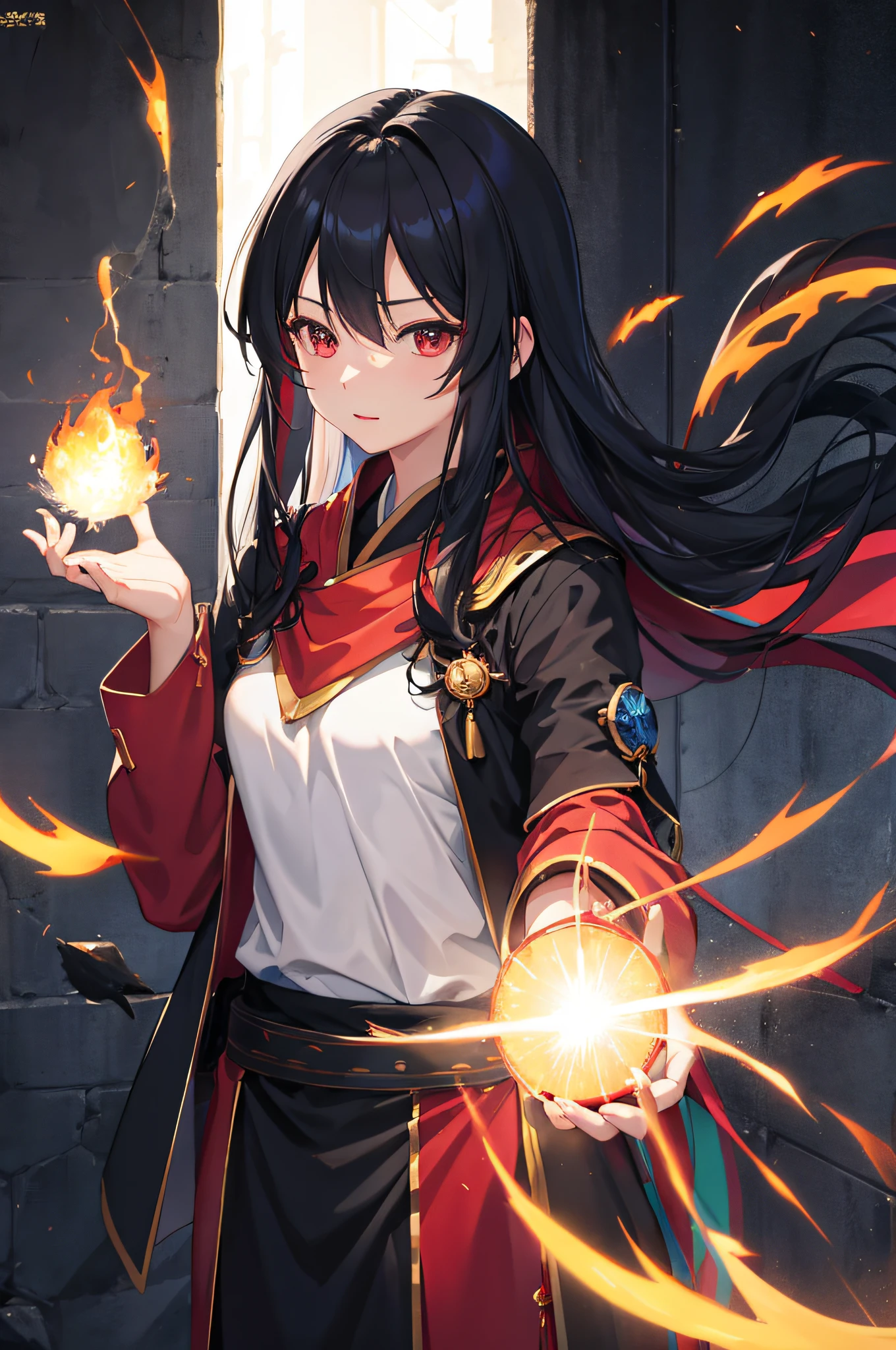 女の子1人、A dark-haired、Akame、Fire Witch、bloods、Particles of light、llight rays、wall-paper、highcontrast、colourfull、Anatomically correct face