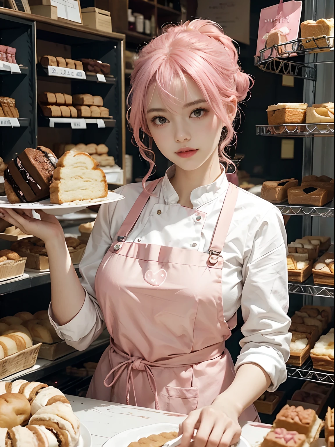 Girl with pink hair,Female shop assistant,Bakery clerk,Pastry chef,aprons,Plate in hand,(high qulity),(Delicate faces),Succulent and cute