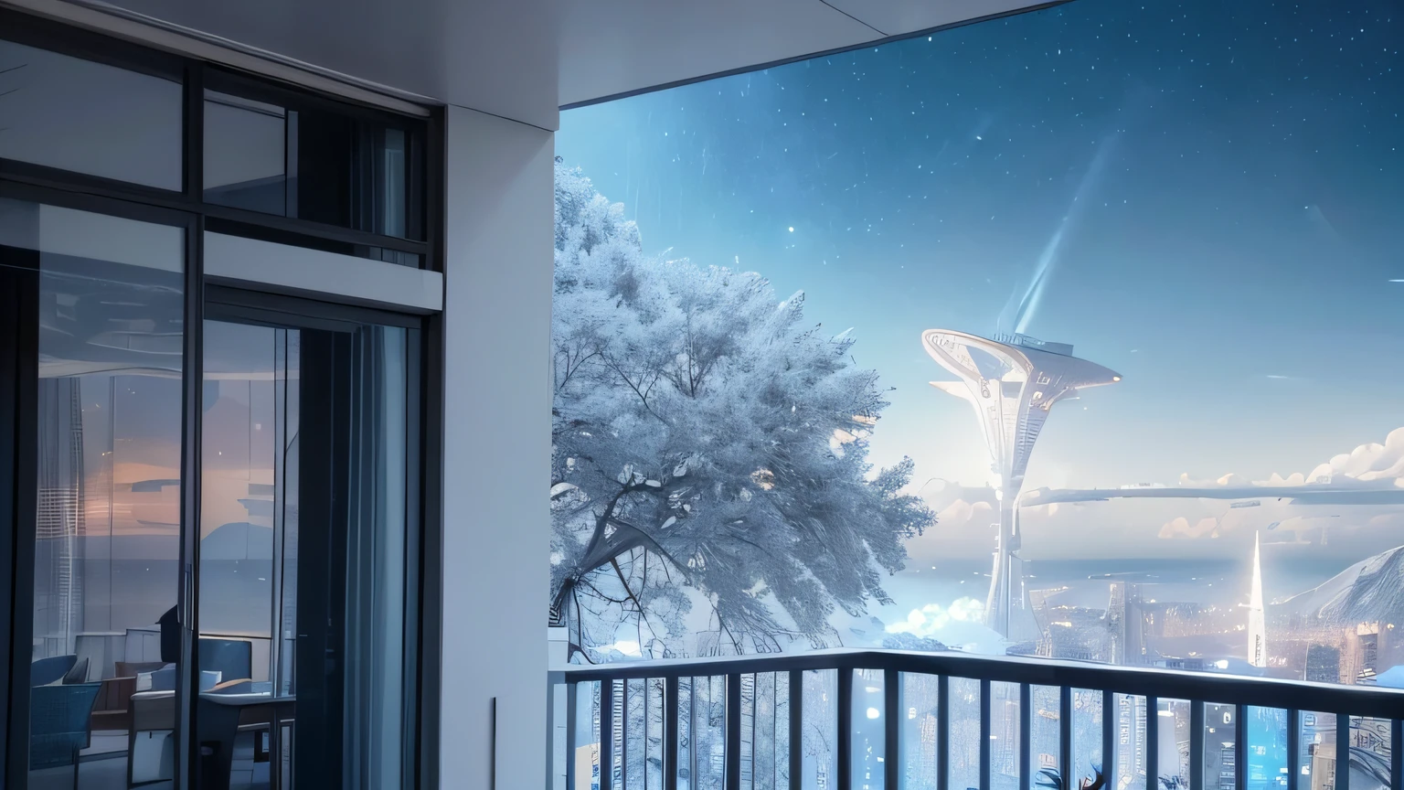 A white living room on the balcony of a building, Alien ship in the sky, Alien structures, Night sky. White and blue, 8K, Realistic photo, deep color, fantastical, intricate detail, splash screen, complementary colors, 8k resolution trending on Artstation Unreal Engine 5"