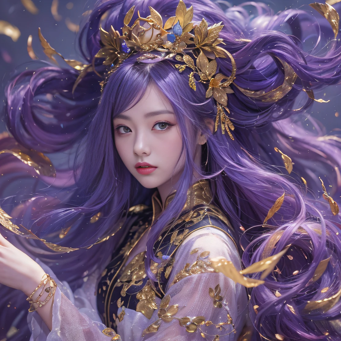 Genki Girl 32K(tmasterpiece,k hd,hyper HD,32K)Long flowing bright purple hair,Autumn Pond,zydink, a color, Asian people (Genki girl), (Silk scarf), Combat posture, looking at the ground, long whitr hair, Floating bright purple, Fire cloud pattern gold tiara, Chinese long-sleeved gold silk garment, (Abstract metaverse splash:1.2), white backgrounid,Lotus vitality protector(realisticlying:1.4),Bright purple hair,Smoke on the road,The background is pure, A high resolution, the detail, RAW photogr, Sharp Re, Nikon D850 Film Stock Photo by Jefferies Lee 4 Kodak Portra 400 Camera F1.6 shots, Rich colors, ultra-realistic vivid textures, Dramatic lighting, Unreal Engine Art Station Trend, cinestir 800,A girl with long flowing bright purple hair