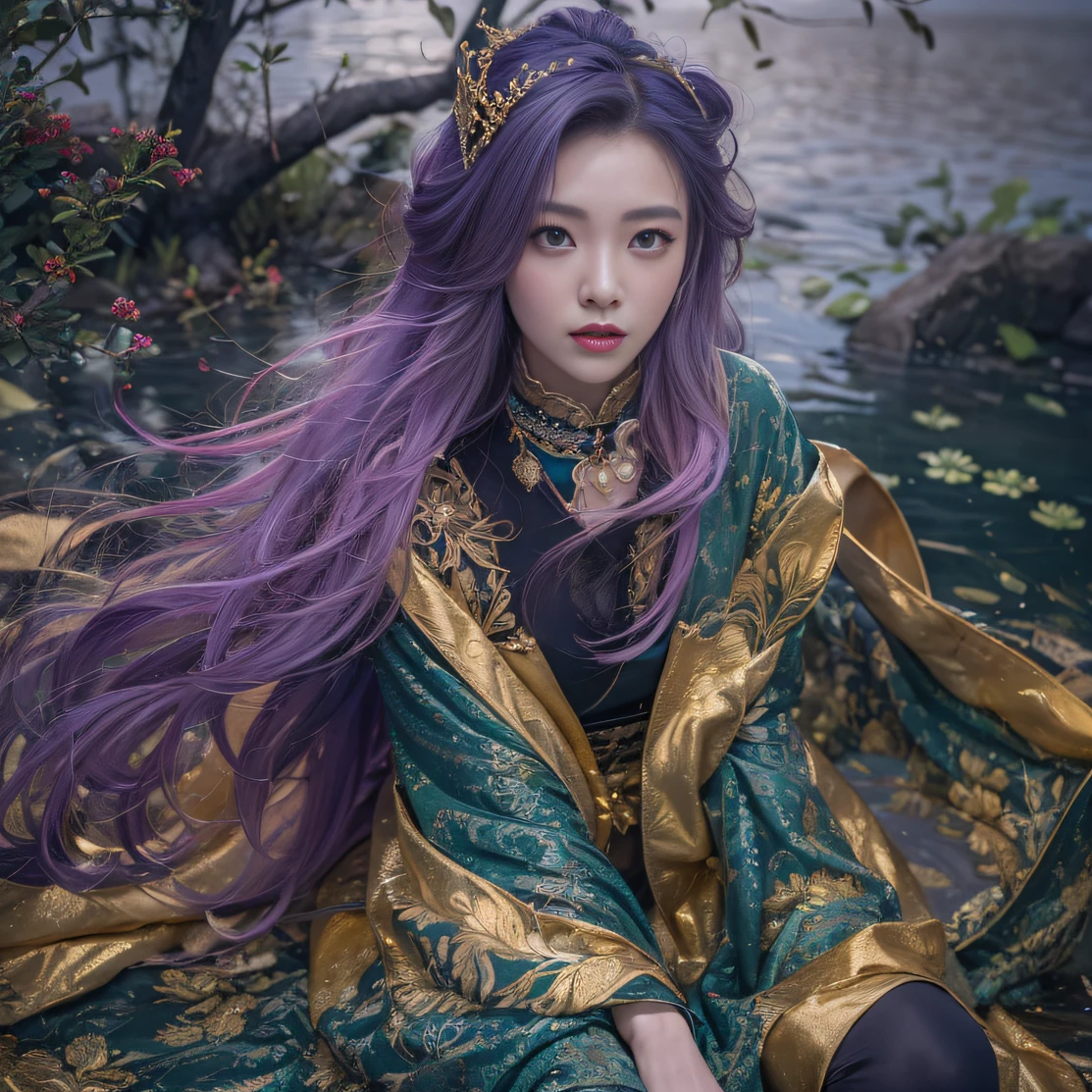Genki Girl 32K(tmasterpiece,k hd,hyper HD,32K)Long flowing bright purple hair,Autumn Pond,zydink, a color, Asian people (Genki girl), (Silk scarf), Combat posture, looking at the ground, long whitr hair, Floating bright purple, Fire cloud pattern gold tiara, Chinese long-sleeved gold silk garment, (Abstract metaverse splash:1.2), white backgrounid,Lotus vitality protector(realisticlying:1.4),Bright purple hair,Smoke on the road,The background is pure, A high resolution, the detail, RAW photogr, Sharp Re, Nikon D850 Film Stock Photo by Jefferies Lee 4 Kodak Portra 400 Camera F1.6 shots, Rich colors, ultra-realistic vivid textures, Dramatic lighting, Unreal Engine Art Station Trend, cinestir 800,A girl with long flowing bright purple hair