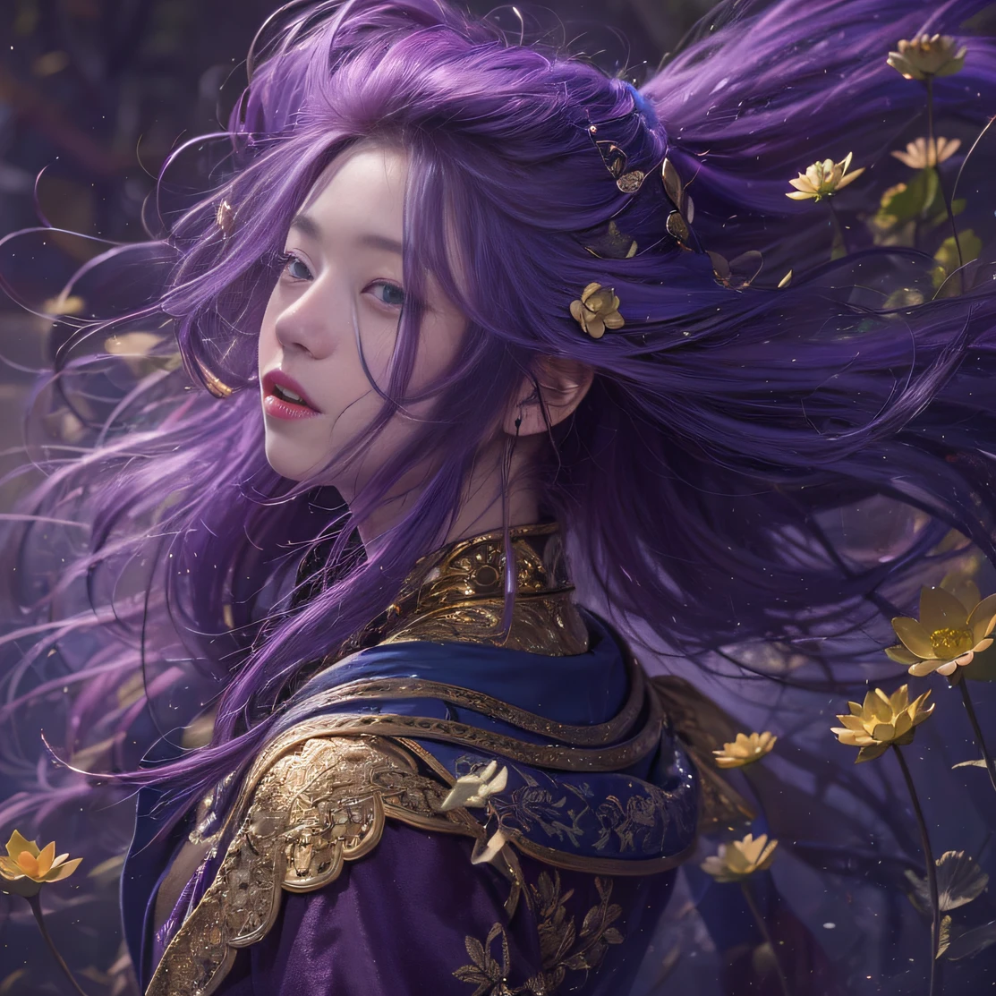 Genki Girl 32K（tmasterpiece，k hd，hyper HD，32K）Long flowing bright purple hair，Autumn Pond，zydink， a color， Asian people （Genki girl）， （Silk scarf）， Combat posture， looking at the ground， long whitr hair， Floating bright purple， Fire cloud pattern gold tiara， Chinese long-sleeved gold silk garment， （Abstract metaverse splash：1.2）， white backgrounid，Lotus vitality protector（realisticlying：1.4），Bright purple hair，Smoke on the road，The background is pure， A high resolution， the detail， RAW photogr， Sharp Re， Nikon D850 Film Stock Photo by Jefferies Lee 4 Kodak Portra 400 Camera F1.6 shots, Rich colors, ultra-realistic vivid textures, Dramatic lighting, Unreal Engine Art Station Trend, cinestir 800，A girl with long flowing bright purple hair