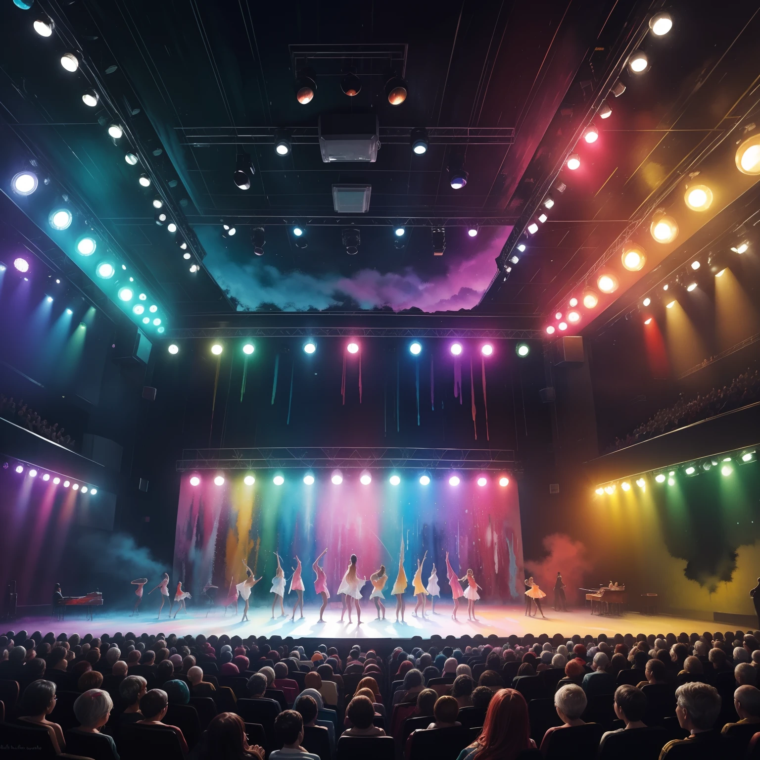 super high image, super detail, super high resolution, abstract painting, musical, actresses, dance, stage, lights, theater, audience, watercolor, wet on wet and sputtering technique, splash paint, clouds wet to wet techniques, uplifting