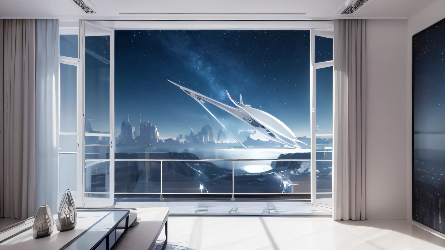 A white living room on the balcony of a building, Alien ship in the sky, Alien structures, Night sky. White and blue, 8K, Realistic photo, deep color, fantastical, intricate detail, splash screen, complementary colors, 8k resolution trending on Artstation Unreal Engine 5"