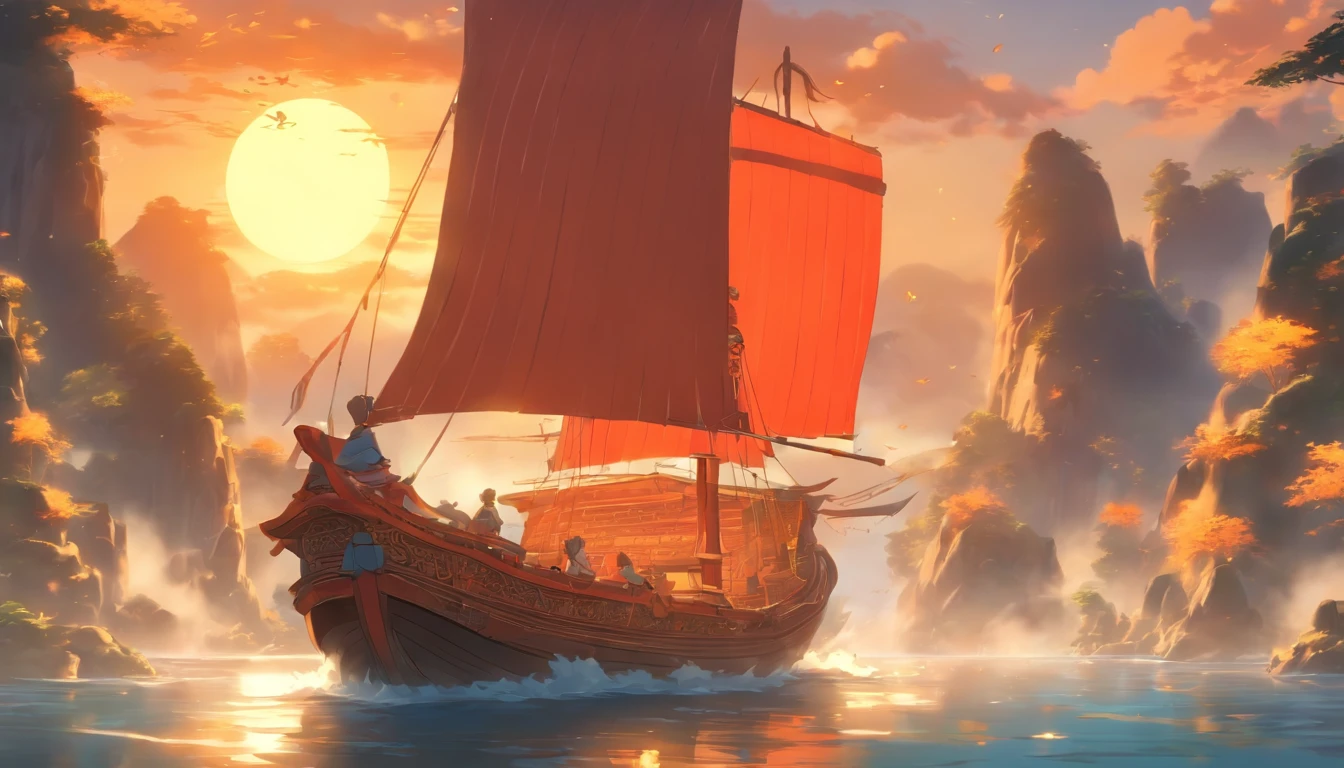 Chinese Ancient Times，in the early morning，afloat，A small sailing ship