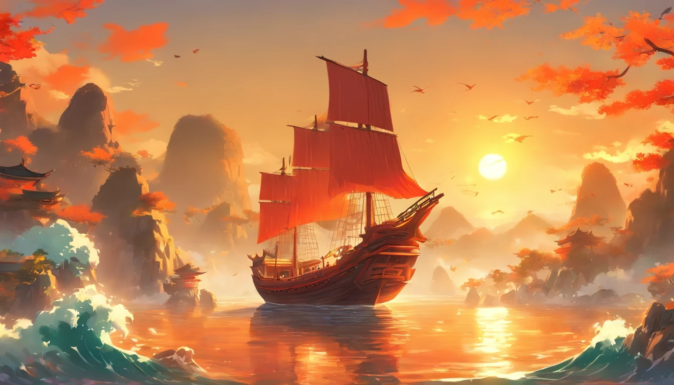 Chinese Ancient Times,in the early morning,afloat,A small sailing ship