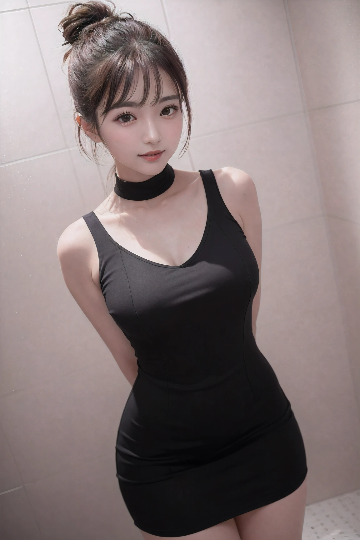 (((1bobble pony tail girl:1.3, solo))), a extremely pretty and beautiful Japanese woman, (sexy model), professional attire, (22 years old: 1.1), (from below:1.3), (low angle:1.3), (ground level shot:1.3), ((girl on top:1.5)), (arms behind back between legs:1.3), (attractive random posing:1.3), (in the glass-sided shower room:1.3), break, (bobble ponytail:1.3), (shiny-black thin hair:1.2), bangs, dark brown eyes, beautiful eyes, princess eyes, bangs, Hair between eyes, short hair:1.3, curby, abs, perfect abs, (medium-large-breasts:1.5, sagging breasts:1.5, disproportionate breasts:1.5), (thin waist: 1.15, abs:0.95), (detailed beautiful girl: 1.4), Parted lips, Red lips, full-make-up face, (shiny skin), ((Perfect Female Body)), (Upper Body Image:1.3), Perfect Anatomy, Perfect Proportions, (most beautiful Korean actress face:1.3, extremely cute and beautiful Japanese actress face:1.3, seductive light smile, happy, BREAK, (bare shoulder, Chest squeezed together, View viewer, (insanely detailed elegant hlater-neck skin tight dress:1.3), detailed clothes, BREAK, (simple shower room background:1.2, shower, soap bottles), (dark background), (Studio soft lighting: 1.3), (fake lights: 1.3), (backlight: 1.3), BREAK, (Realistic, Photorealistic: 1.37), (Masterpiece, Best Quality: 1.2), (Ultra High Resolution: 1.2), (RAW Photo: 1.2), (Sharp Focus: 1.3), (Face Focus: 1.2), (Ultra Detailed CG Unified 8k Wallpaper: 1.2), (Beautiful Skin: 1.2), (pale Skin: 1.3), (Hyper Sharp Focus: 1.5), (Ultra Sharp Focus: 1.5), (Beautiful pretty face: 1.3), (super detailed background, detail background: 1.3), Ultra Realistic Photo, Hyper Sharp Image, Hyper Detail Image,