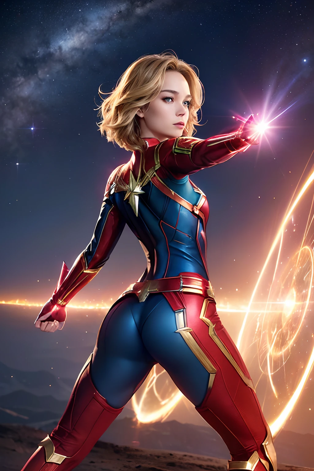 (masterpiece, best quality, photorealistic, cinematic, ultra-detailed, 8k), ((medium shot, from behind)), ((fighting stance)), ((perfect body, perfect anatomy, alluring, nice hands, large breasts, long round legs, round ass)), (imagine Brie Larson as Captain Marvel, radiating an aura of cosmic power and confidence), (her golden-blonde hair flows with an ethereal glow), (her cobalt-blue eyes gleam with an otherworldly intensity),

(distinctive red and gold suit fits her like a second skin), (the red sash that drapes around her waist flutters with an almost surreal sense of movement),

(star-emblazoned chest plate gleams with a brilliant, metallic sheen, and the iconic gold star symbol at its center shines with a radiant luminescence), (the suit's sleek design and intricate details highlight her status as a cosmic protector),

(Brie Larson's expression exudes determination and strength, with a hint of a confident smile on her lips, slightly parted lips), (her strong jawline and high cheekbones emphasize her unwavering resolve),

(Captain Marvel's outstretched right hand, adorned with glowing energy gauntlets, crackles with cosmic power, ready to unleash her photon blasts), (her boots, sleek and practical, seem to defy gravity, emphasizing her ability to soar through the skies and across the cosmos),

(in the background, a chaotic fiery city, top of the building)