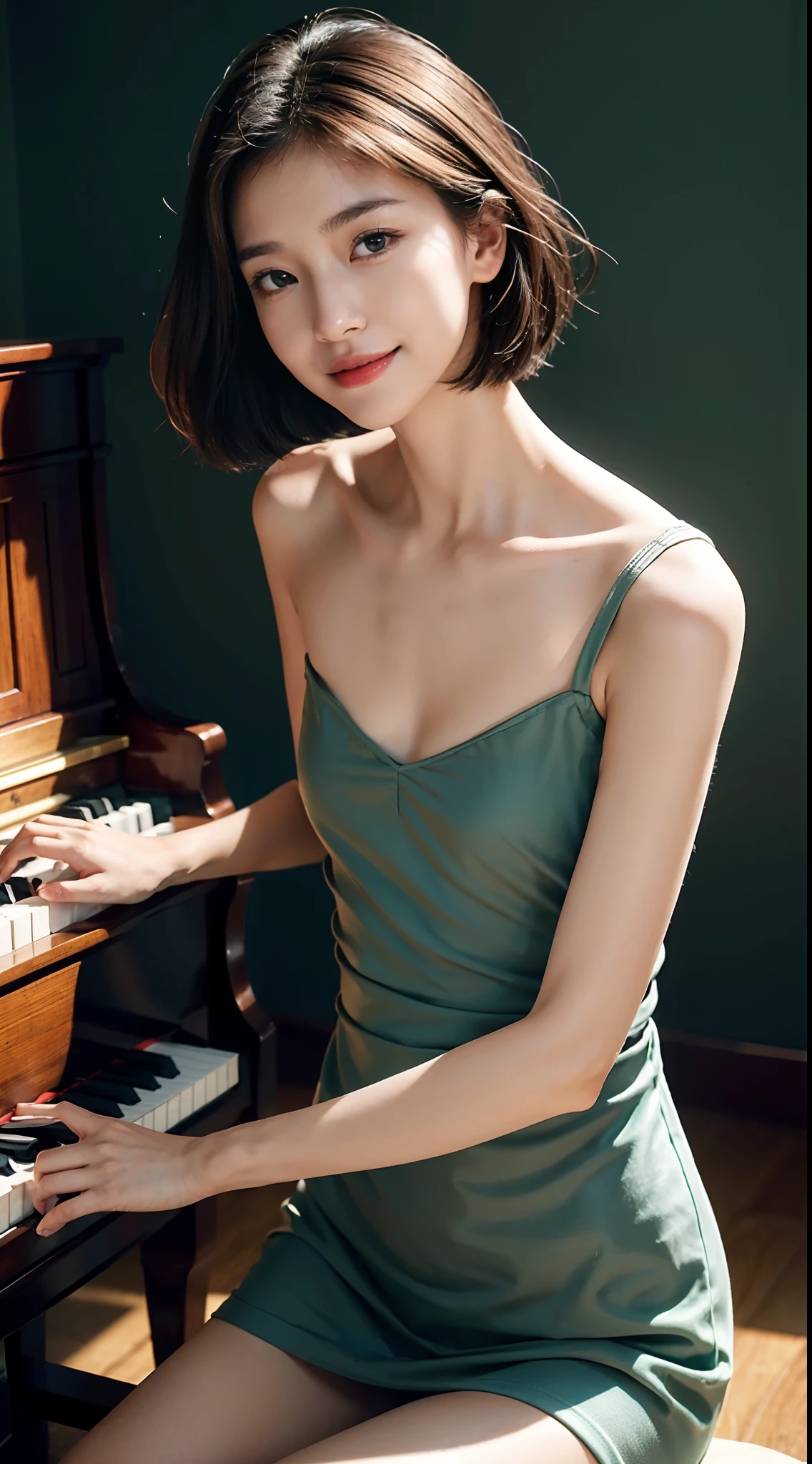 (shoulder-length straight short hair: 1.2),Upper body, （Extremely meticulous CG 8k wallpaper），（Extremely refined and beautiful），（Masterpiece），（best qualtiy:1.0），（Ultra High Resolution:1.0），beautiful light up，Perfect lightning，realistic shaded，[A high resolution]，Smooth and flawless fair skin，Extremely exquisite facial details，ultra - detailed，A  girl，small head，Smile，cheerfulness,Summer，afternoon，Close Shot，at home，In living room,Blue green background，Sitting upright on a stool next to a piano，Playing piano with both hands，enjoying a comfortable and intoxicated expression,besides，small face，（perfect body:1.1）,small breasts，flat chest，slim，thin，bra wrap buttocks tight fitting dress short white skirt，Slender legs，shoulder off，bare shoulder，Charming collarbone，flowers