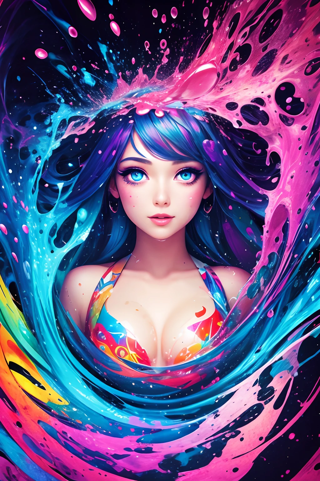 1lady, cute eyes, splashing, abstract, psychedelic