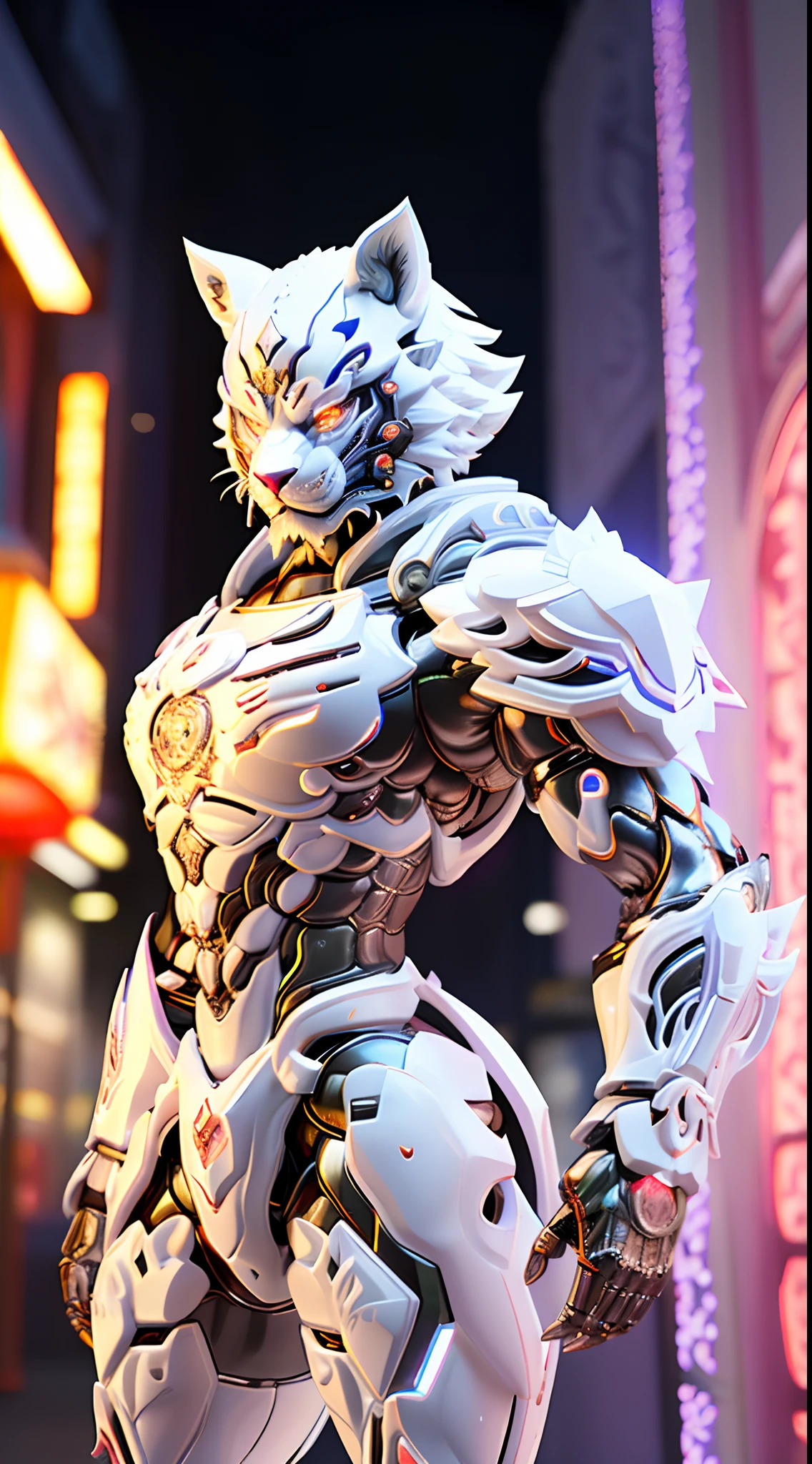 CHINESE WHITE TIGER, TIGER HEAD, CRYSTAL ARMOR, TRANSPARANT, MUSCLE CURVY BODY.