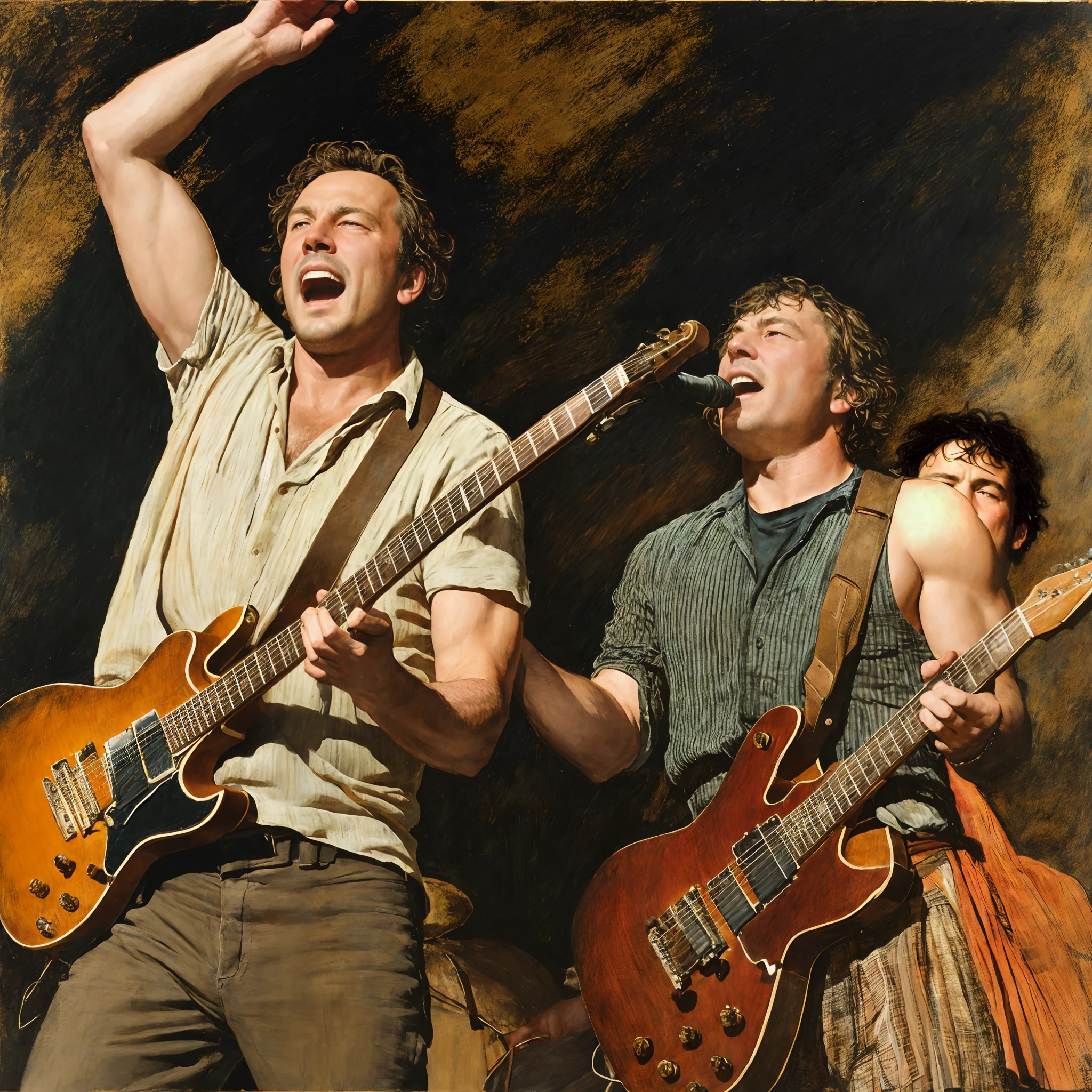 "Create a realistic image of a rock band lead singer performing on stage. Emphasize intricate details, the finest quality, and an extreme level of detail when portraying the singer's passionate performance. Capture a complex composition that conveys energy and emotion of a live rock show. Incorporates a palette of colors and textures that enhance realism. Artists related to this style: Chuck Close, Andrew Wyeth and Robert Bechtle."