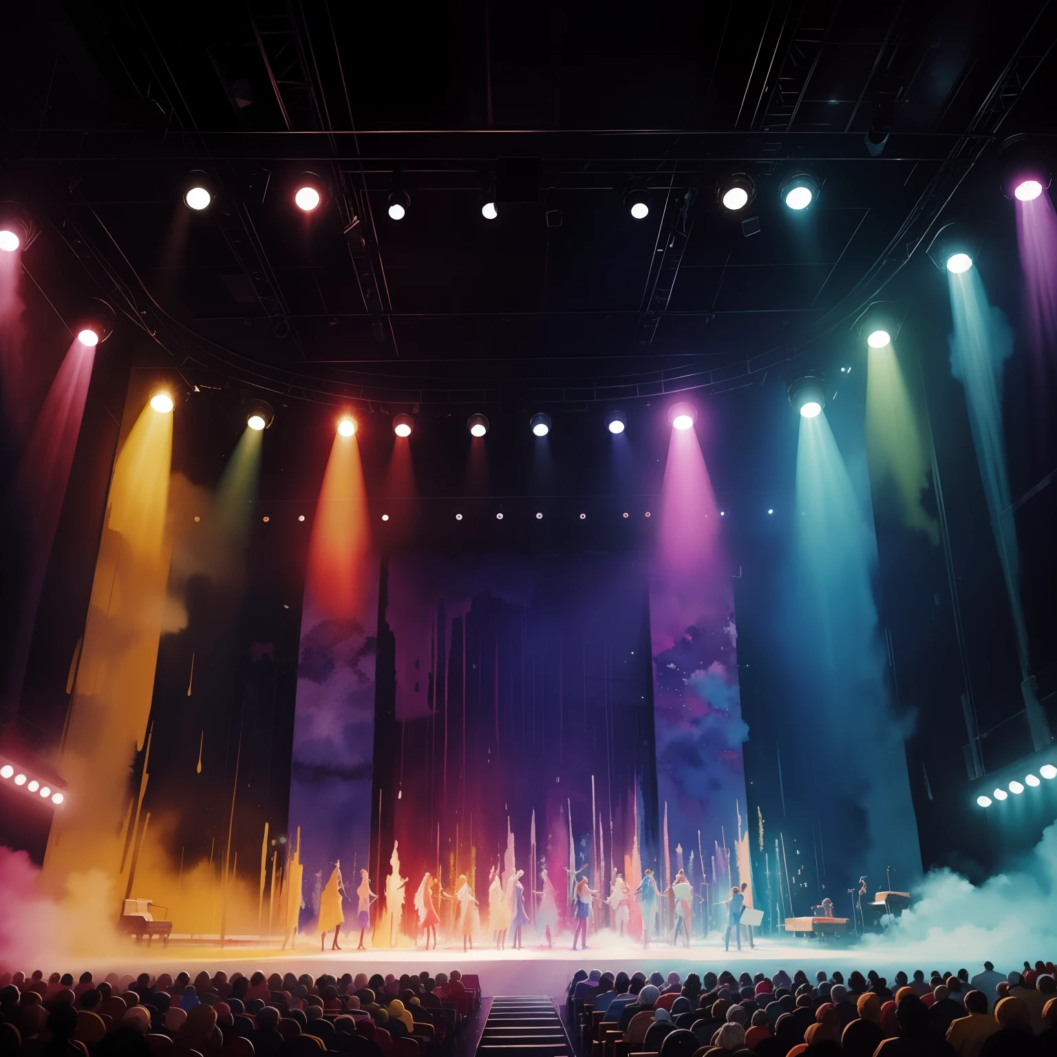 super high image, super detail, super high resolution, abstract painting, musical, actresses, stage, lights, theater, audience, watercolor, wet on wet and sputtering technique, splash paint, clouds wet to wet techniques, uplifting