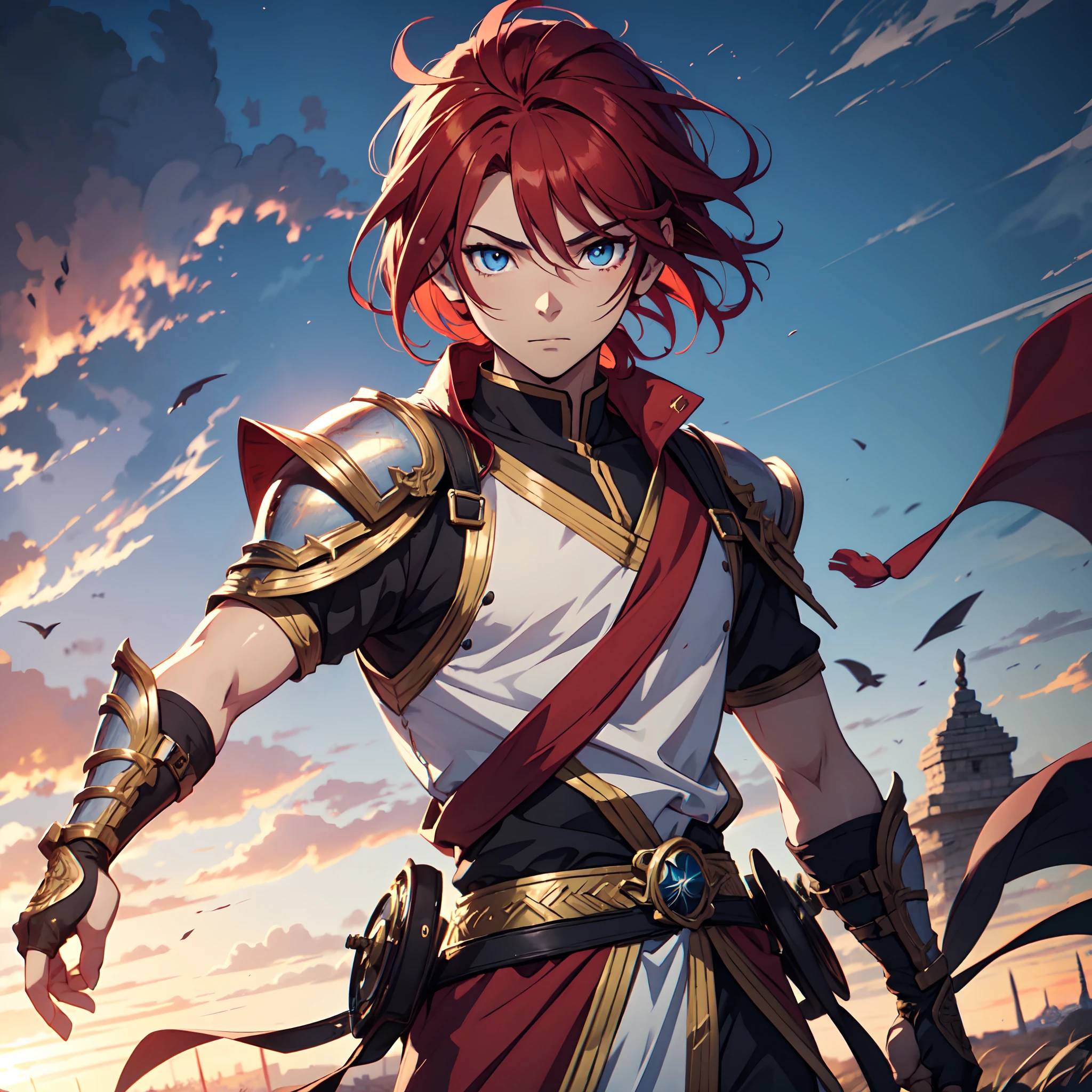 Ultra High Definition, Ultra High Quality, Extremely Detailed, Perfectly Detailed, Masterpiece, 8k, 1 Boy, Look A Like Xin From Kingdom Anime, Handsome, Equipped With Royal Knight Armor, Solid Light Blue Eyes, Long Red Hair, Body Shot, Ancient Kingdom Background