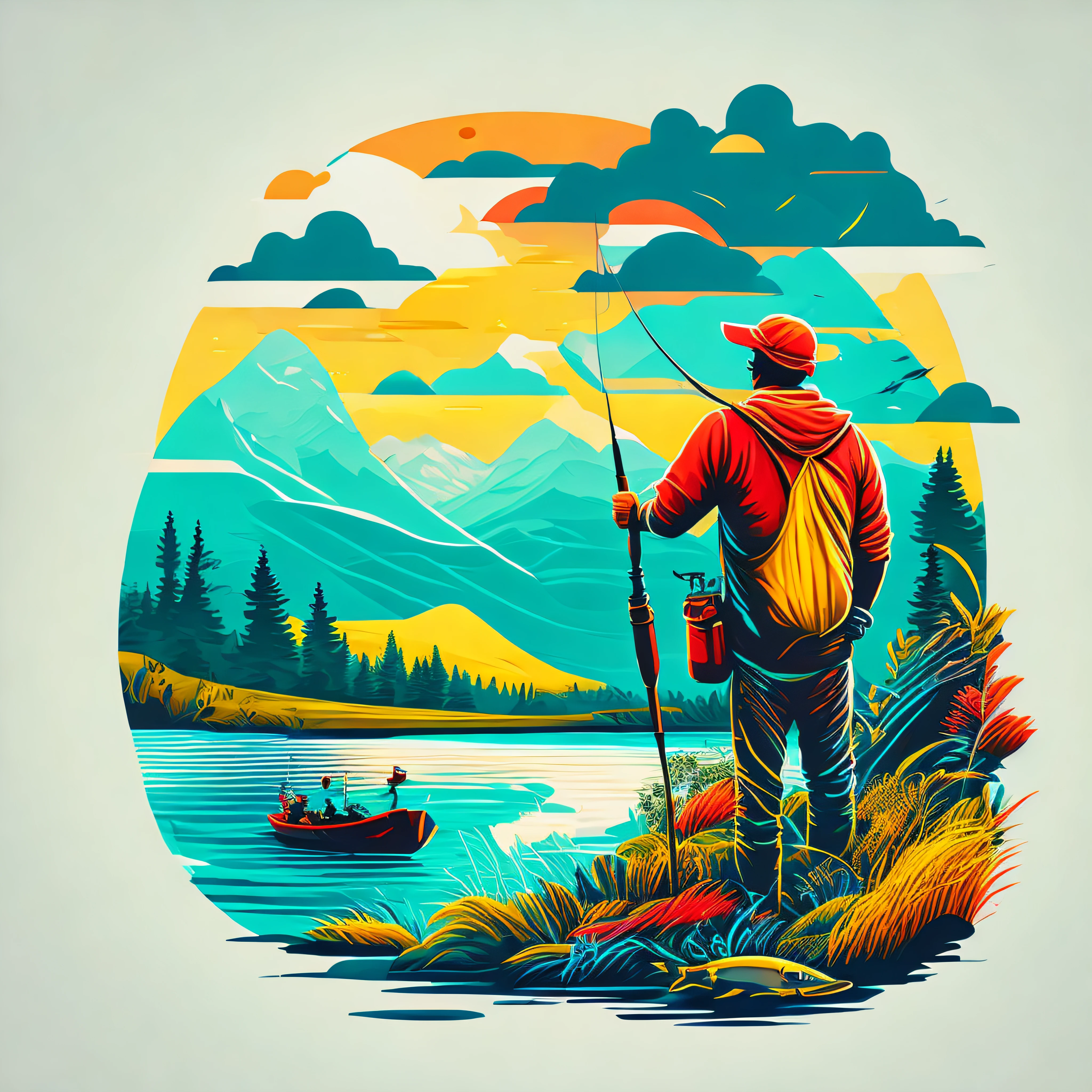 fishing man with fishing equipment in river landscape, daylight, colorfull image, tshirt design, vector-art